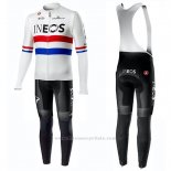 2019 Maillot Cyclisme Ineos Champion UK Blanc Manches Longues et Cuissard