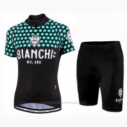 2019 Maillot Cyclisme Femme Bianchi Dot Noir Vert Manches Courtes et Cuissard